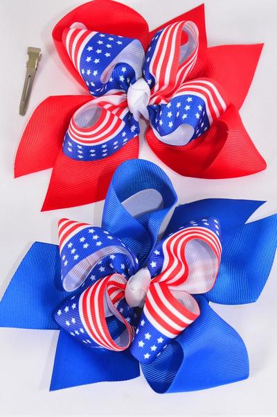 Hair Bow Jumbo Double Layered 4th of July Patriotic-Flag Grograin Bow-tie / 12 pcs = Dozen Alligator Clip , Bow - 6" x 6" Wide , 6 Of Ech Pattern Asst , Clip Strip & UPC Code
