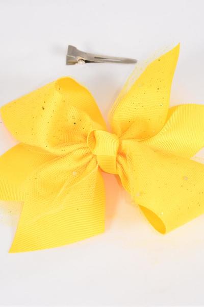 Hair Bow Jumbo Double Layered Mesh Metallic Grosgrain Bow-tie Daffodil Yellow /  12 pcs Bow = Dozen Daffodil Yellow , Size - 6" x 5 Wide , Alligator Clip , Clip Strip & UPC Code