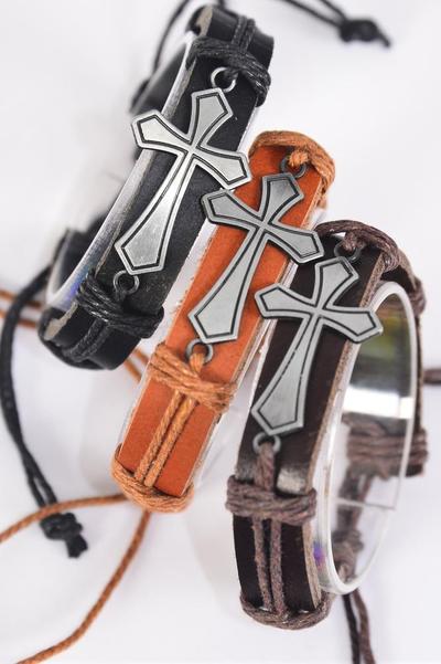 Bracelet Real Leather Band Sideways Cross Silver / 12 pcs = Dozen  Silver , Adjustable , 4 of each Pattern Mix , Individual Hang tag & OPP Bag & UPC Code