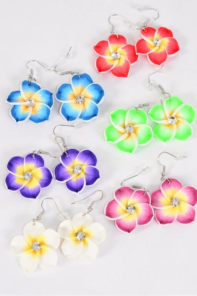 Earrings Paint Flowers Aloha Multi / 12 pair = Dozen Flower Size-1.25" Wide , 2 of Each Color Asst , Earring Card & Opp Bag & UPC Code 