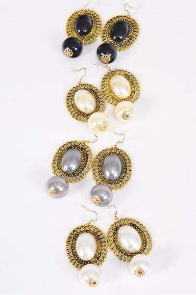 Earrings Pearl Dangle Drop Post / 12 pair = Dozen Fish Hook , Size-2.25"x 1.25" Wide , 3 White , 3 Cream , 3 Gray , 3 Black Color Mix , Earring Card & OPP bag & UPC Code