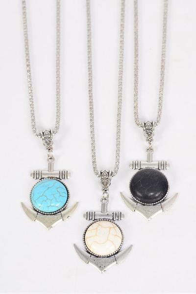 Necklace Silver Chain Metal Antique Nautical Anchor Semiprecious Stone / 12 pcs = Dozen Match 03086 Pendant - 1.75" x 1.5" Wide , Chain-18" Extension Chain , 4 Ivory , 4 Black , 4 Turquoise Asst , Hang Tag & OPP Bag & UPC Code