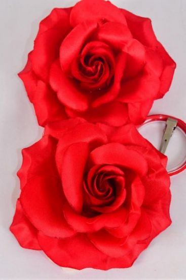 Flower Silk Flower Tea-Rose Large Red / 12pcs Flower = Dozen Red - Size - 5.5" Wide , Alligator Clip & Brooch & Elastic Pony , Hang Tag & UPC Code , W Clear Box