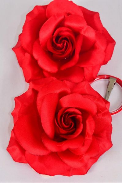 Flower Silk Flower Tea-Rose Large Red / 12pcs Flower = Dozen Red - Size - 5.5" Wide , Alligator Clip & Brooch & Elastic Pony , Hang Tag & UPC Code , W Clear Box