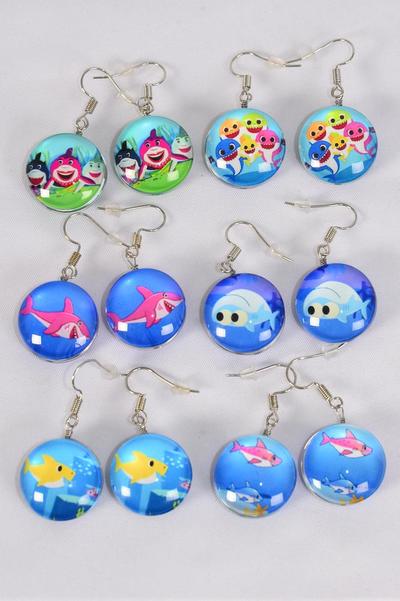 Earrings Happy Shark Under the Sea Double Sided Glass Dome / 12 pair = Dozen  match 70285 Fish Hook , Size-0.75" Wide , 2 of each Pattern Asst , Earring Card & OPP Bag & UPC Code