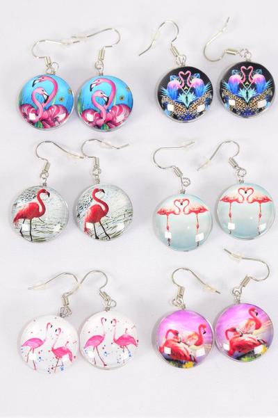 Earrings Flamingo Double Sided Glass Dome / 12 pair = Dozen    Fish Hook , Size-0.75" Wide , 2 of each Design Asst , Earring Card & OPP Bag & UPC Code
