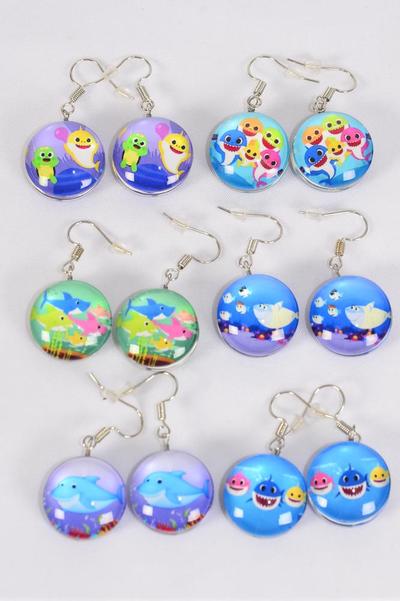 Earrings Happy Shark Under the Sea Double Sided Glass Dome / 12 pair = Dozen match 70287 Fish Hook , Size-0.75" Wide , 2 of each Pattern Asst , Earring Card & OPP Bag & UPC Code