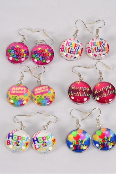 Earrings Happy Birthday Double Sided Glass Dome / 12 pair = Dozen Match 70265 Fish Hook , Size-0.75" Wide , 2 of each Design Asst , Earring Card & OPP Bag & UPC Code