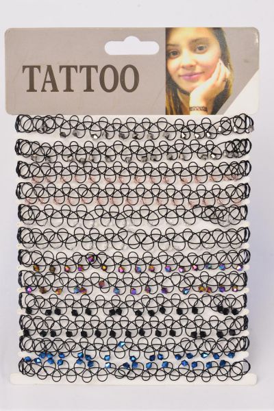 Necklace Choker Black Gothic Tattoo Henna Necklace / 12 pcs = Dozen Stretch , 2 of each Color Asst , Display Card & OPP Bag & UPC Code