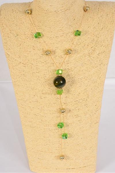 Necklace Trendy Marble Like Rhinestone Bezel Olive Green / 12 pcs = Dozen Olive Green , 30'' Chain , Display Card & OPP Bag & UPC Code