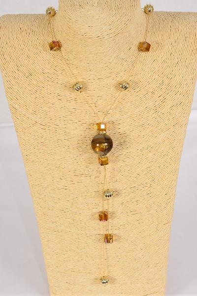 Necklace Trendy Marble Like Rhinestone Bezel Brown / 12 pcs = Dozen Brown , 30'' Chain , Display Card & OPP Bag & UPC Code