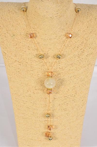 Necklace Trendy Marble Like Rhinestone Bezel Ivory / 12 pcs = Dozen Ivory , 30'' Chain , Display Card & OPP Bag & UPC Code