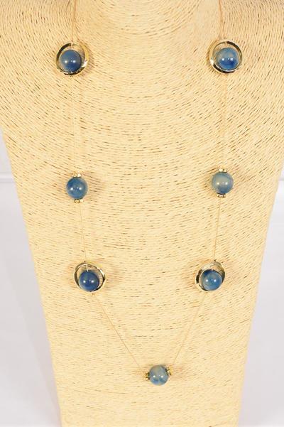 Necklace Trendy Marble Like Rhinestone Bezel Navy / 12 pcs = Dozen Navy , 30'' Chain , Hang Card & OPP Bag & UPC Code