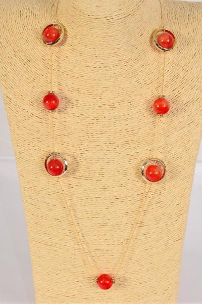 Necklace Trendy Marble Like Rhinestone Bezel Red / 12 pcs = Dozen  Red , 30'' Chain , Hang Card & OPP Bag & UPC Code