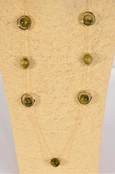 Necklace Trendy Marble Like Rhinestone Bezel Olive Green / 12 pcs = Dozen Olive Green , 30'' Chain , Hang Card & OPP Bag & UPC Code