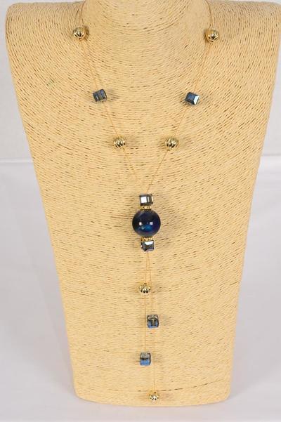Necklace Trendy Marble Like Rhinestone Bezel Navy / 12 pcs = Dozen Navy , 30'' Chain , Display Card & OPP Bag & UPC Code