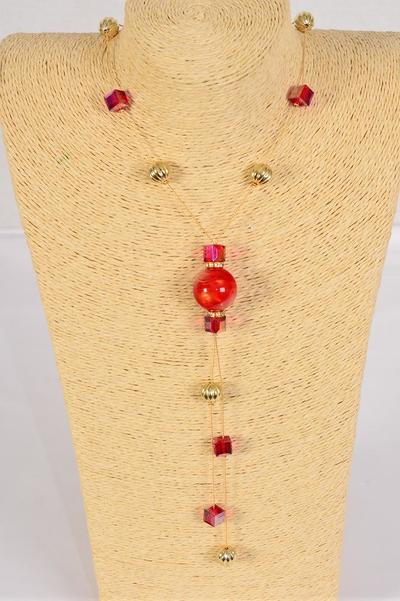 Necklace Trendy Marble Like Rhinestone Bezel Red / 12 pcs = Dozen Red , 30'' Chain , Display Card & OPP Bag & UPC Code