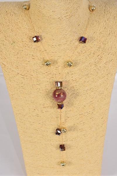 Necklace Trendy Marble Like Rhinestone Bezel Purple / 12 pcs = Dozen Purple , 30'' Chain , Display Card & OPP Bag & UPC Code