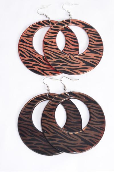 Earrings Poly Zebra Brown Tone Mix / 12 pair = Dozen Fish Hook , Size-2.5" Wide , 6 of each Pattern Asst , Earring Card & OPP Bag & UPC Code