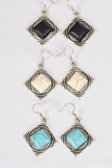 Earrings Metal Antique Square Semiprecious Stone / 12 pair = Dozen Fish Hook , Size - 1" x 1" Wide , 4 Black , 4 Ivory , 4 Turquoise Asst , Earring Card & OPP Bag & UPC Code