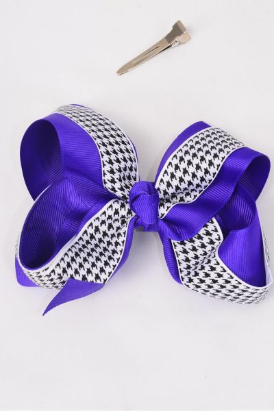 Hair Bow Jumbo Double Layered Hound tooth Grosgrain Bow-tie Purple / 12 pcs Bow = Dozen Purple ,  Alligator Clip , Size - 6" x 5" Wide , Clip Strip and UPC Code