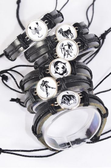 Bracelet Real Leather Band Black Glass Dome Greek Myth Zodiac Sign / 12 pcs = Dozen match 03448 Unisex , Adjustable , 12 Month Asst , Individual Hang tag & OPP Bag & UPC Code
