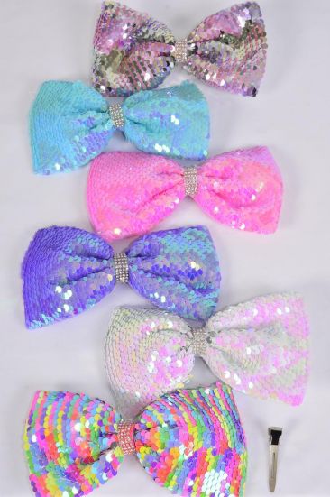 Hair Bow Flip Sequin Iridescent Center Clear Stones Pastel / 12 pcs Bow = Dozen Alligator Clip , Size - 6" x 4" Wide , 2 Of each Pattern Mix , Clip Strip and UPC Code