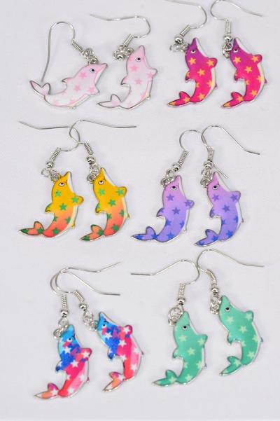 Earrings Dolphin Enamel Color Asst Mulri / 12 pair = Dozen Fish Hook , 2 Of each Pattern Asst , Earring Card & OPP Bag & UPC Code