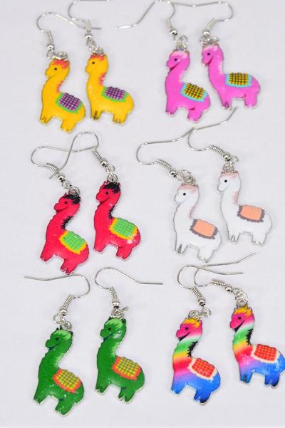 Earrings Llama Enamel Multi / 12 pair = Dozen  match 25027 Fish Hook , 2 Of each Pattern Asst , Earring Card & OPP Bag & UPC Code