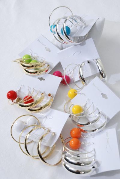 Earrings 3 Pair Gold 12 mm Color Ball & 1.75" Loop Mix Multi / 12 card = Dozen  Hoop Size-1.75" Wide , 2 of each Colorl Asst , Earring Card & OPP Bag & UPC Code