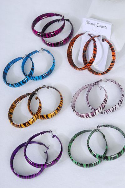 Earrings Metal Hoop Zebra Multi / 12 Pair = Dozen  Post , Size 1.75" Wide ,2 White ,2 Fuchsia ,2 Blue ,2 Yellow ,2 Purple ,1 Green ,1 Orange Mix ,Earring card & OPP bag & UPC Code -