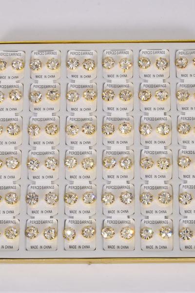 Earrings 12 mm Clear Rhinestones / 36 pair per Disply Unisex , Post , 3 Dozen Display , Choose Gold or Silver finishes