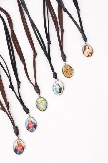 Leather Necklace Crucifix Mother Virgin Mary Pendant / 12 pcs = Dozen Adjustable , Unisex , 6 Black & 6 Brown Leather Mix , 2 of each Pattern Asst , Hang Tag & OPP Bag & UPC Code -