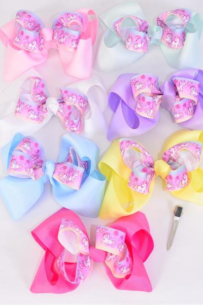 Hair Bow Jumbo Double Layered Rainbow Unicorn Grosgrain Bowtie Pastel / 12 pcs Bow = Dozen Alligator Clip , Size - 6" x 5", 2 White , 2 Pink , 2 Lavender , 2 Hot Pink , 2 Mint Green , 1 Blue, 1 Yellow Color Asst , Clip Strip and UPC Code