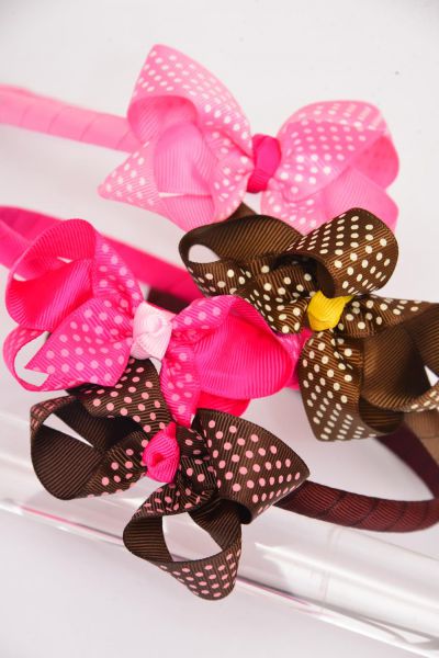 Headband Horseshoe Mini Polka dots Grosgrain Bow-tie Brown Pink Mix / 12 pcs = Dozen Pink & Brown Mix , Bow Size - 4" x 3" Wide , 3 of each Pattern Asst , Hang tag & UPC Code , Clear Box