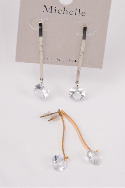 Earrings Crystal Clear Dangle / 12 pair = Dozen Post , Size-2" Long , 6 Gold & 6 Silver Mix , Earring Card & OPP Bag & UPC Code 