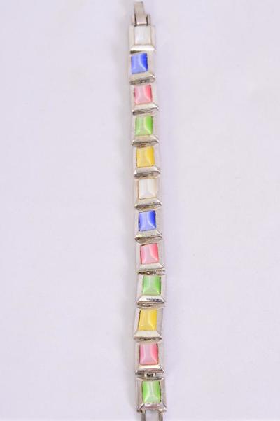 Bracelet Cateye Oblong Silver Pastel / PC Pastel ,  Size - 7" Long , Display Card & OPP Bag 