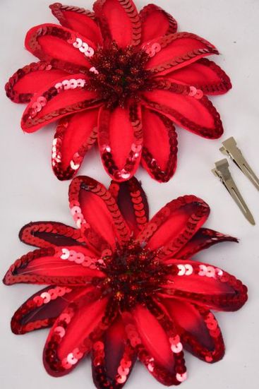 Flower Sequin Flower Jumbo Red / 12 pcs Flower = Dozen Red , Size - 6", Alligator Clip & Brooch , Display Card & UPC Code, W Clear Box