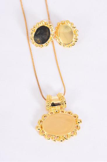 Gold Necklace Sets Snack chain Oval Pendant/Sets **Gold** Post,24" Chain,Display Card & OPP bag & UPC Code