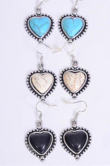 Earrings Metal Antique Heart Semiprecious Stone / 12 pair = Dozen Fish Hook , Size-1"x 1" Wide , 4 Black , 4 Ivory , 4 Turquoise Asst , Earring Card & OPP Bag & UPC Code