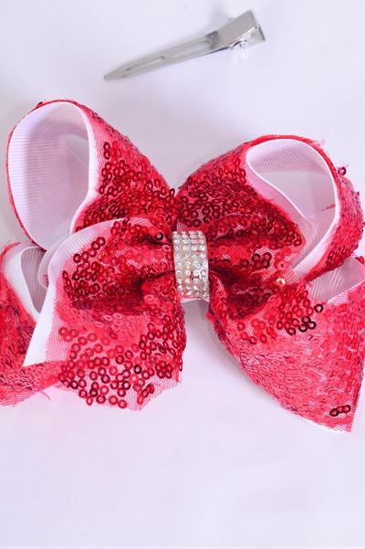 Hair Bow Jumbo Sequin Red Double Layered Grosgrain Bow-tie /  12 pcs Bow = Dozen Red , Alligator Clip , Size - 6" x 5" Wide , Clip Strip & UPC Code