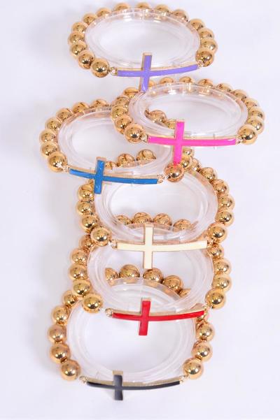 Bracelet Sideways Cross Epoxy 10 MM Gold Beads / 12 pcs = Dozen  Stretch , Cross-1.75"x 0.75" Wide , 2 Of each Color Mix , Hang Tag & OPP Bag & UPC Code 