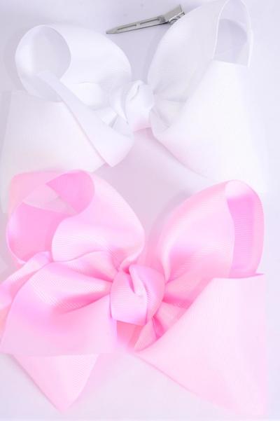 Hair Bow Jumbo Baby Pink & White Mix Grosgrain Bow-tie / 12 pcs Bow = Dozen Alligator Clip , Size - 6" x 5" Wide , 6 Baby Pink , 6 White Color Asst , Clip Strip & UPC Code