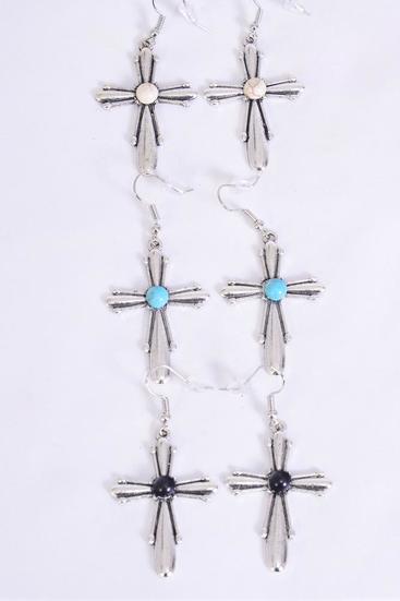 Earrings Metal Antique Cross Semiprecious Stone / 12 pair = Dozen match 27120  76026 Fish Hook , Size-1.5"x 1" Wide , 4 Black , 4 Ivory , 4 Turquoise Asst , Earring Card & OPP Bag & UPC Code -