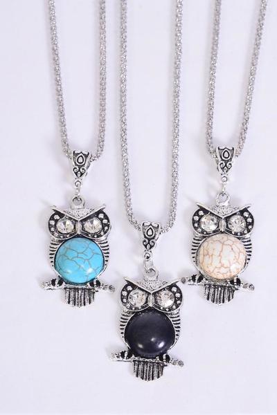 Necklace Silver Chain Owl Semiprecious Stone / 12 pcs = Dozen match 01087 Pendant - 1.5" x 1" Wide , Chain -18" Extension Chain , 4 Ivory , 4 Black , 4 Turquoise Asst , Hang Tag & OPP Bag & UPC Code