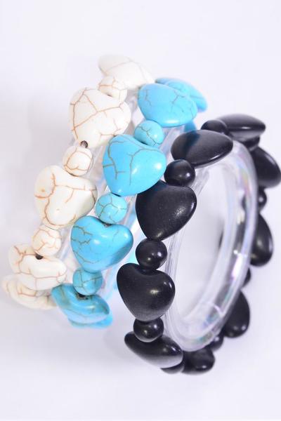 Bracelet Semiprecious Stone Heart Stretch / 12 pcs = Dozen Match 70148 03121 Stretch , 4 Black , 4 Ivory , 4 Turquoise , Hang Tag & Opp Bag & UPC Code