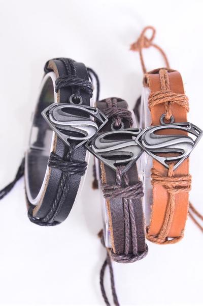 Bracelet Real Leather Band Initial S Symbol Silver / 12 pcs = Dozen  Adjustable , 4 of each Pattern Mix , Individual Hang tag & OPP Bag & UPC Code