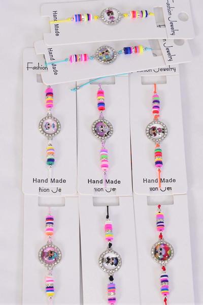 Bracelet Fun Girls Fimo Multi / 12 pcs = Dozen  Pull String , Adjustable , 12 Pattern Asst , Individual Hang tag & OPP Bag & UPC Code