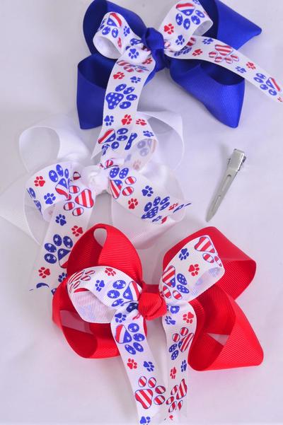 Hair Bow Jumbo Double Layered Patriotic Paw Print Grograin Bow-tie / 12 pcs Bow = Dozen Alligator Clip , Bow - 6" x 5" Wide , 4 White , 4 Red , 4 Blue Color Mix , Clip Strip & UPC Code