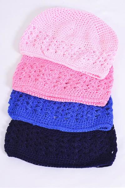 Kufi hat Hand-Crocheted 100% Cotton Beanie Skull Cap Hat Stretch / 12 pcs = Dozen  Stretch , One Size , Choose Colors , OPP Bag